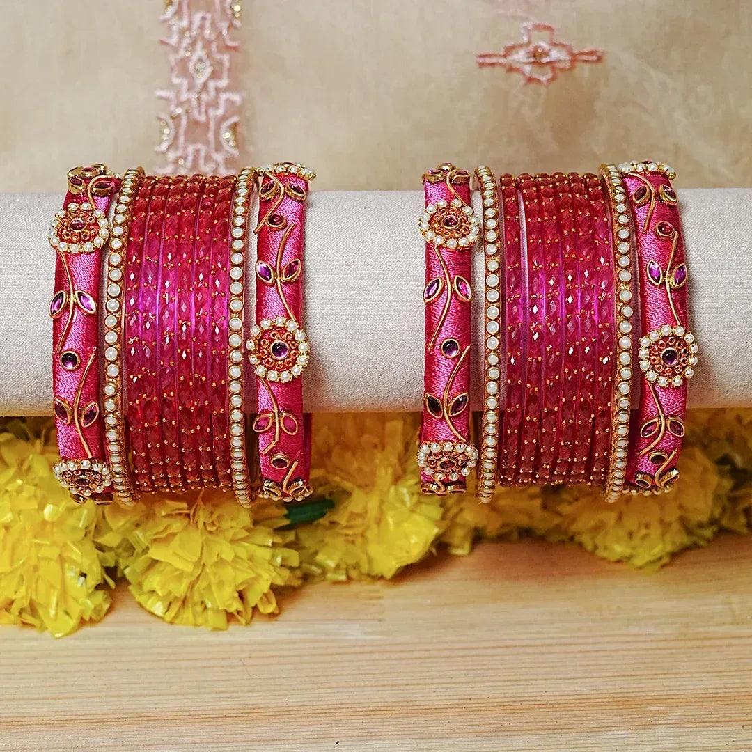 Traditional Thread Work Mini Glass Bangles Set for Women (Both Hands) - The Golden Cascade